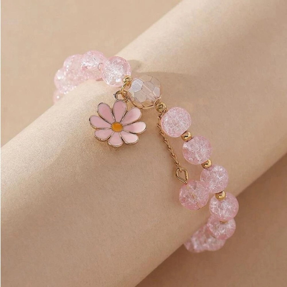 ⚠️Clearance Pink And Gold Flower Charm Beaded Bracelet SS - Picture 5 of 6